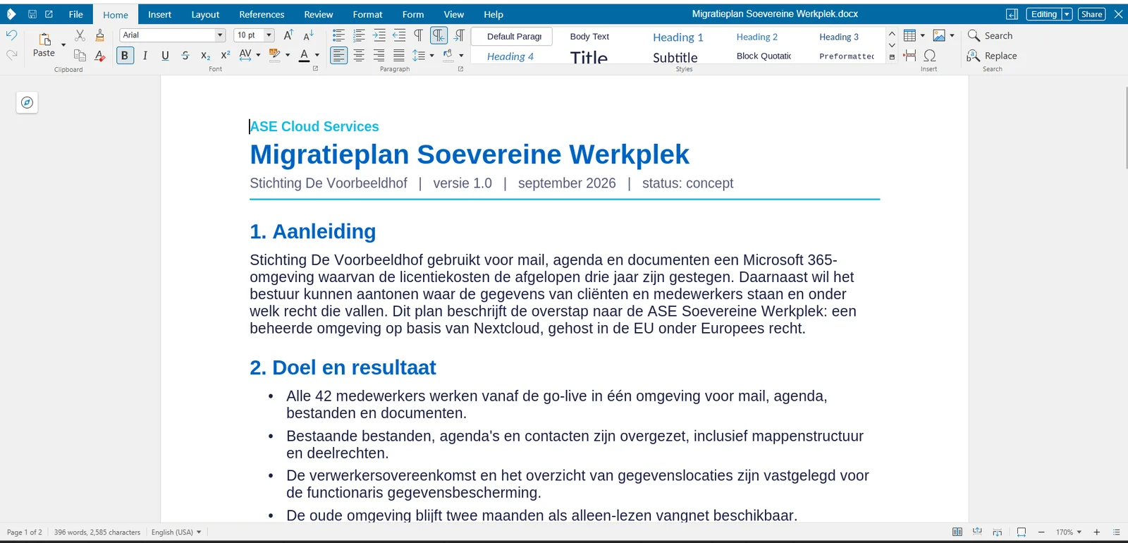 A Word document (docx) being edited in the browser with Collabora Office inside Nextcloud, hosted by ASE Cloud Services