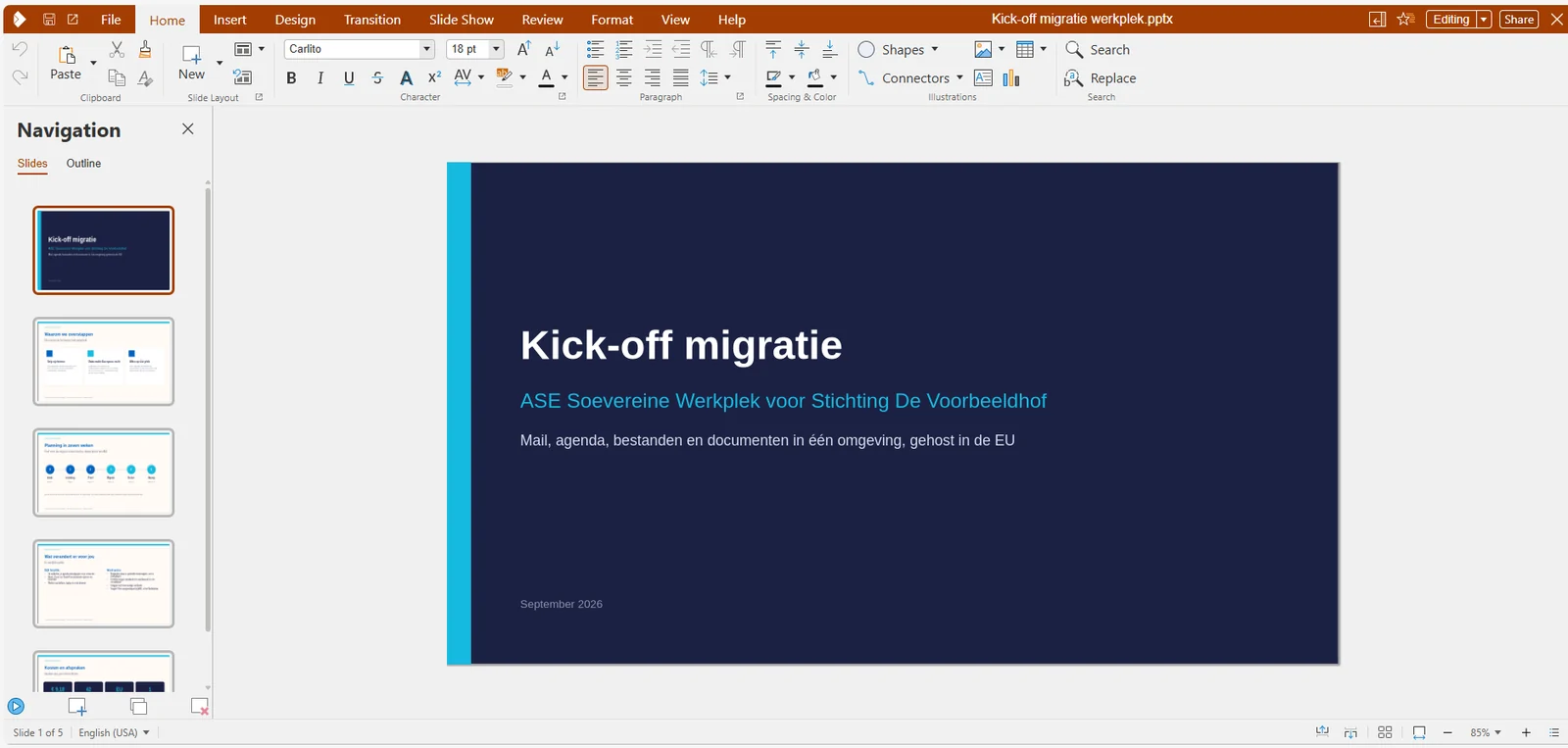 A PowerPoint presentation (pptx) open in Collabora Office inside Nextcloud, with slide navigation and editing toolbar