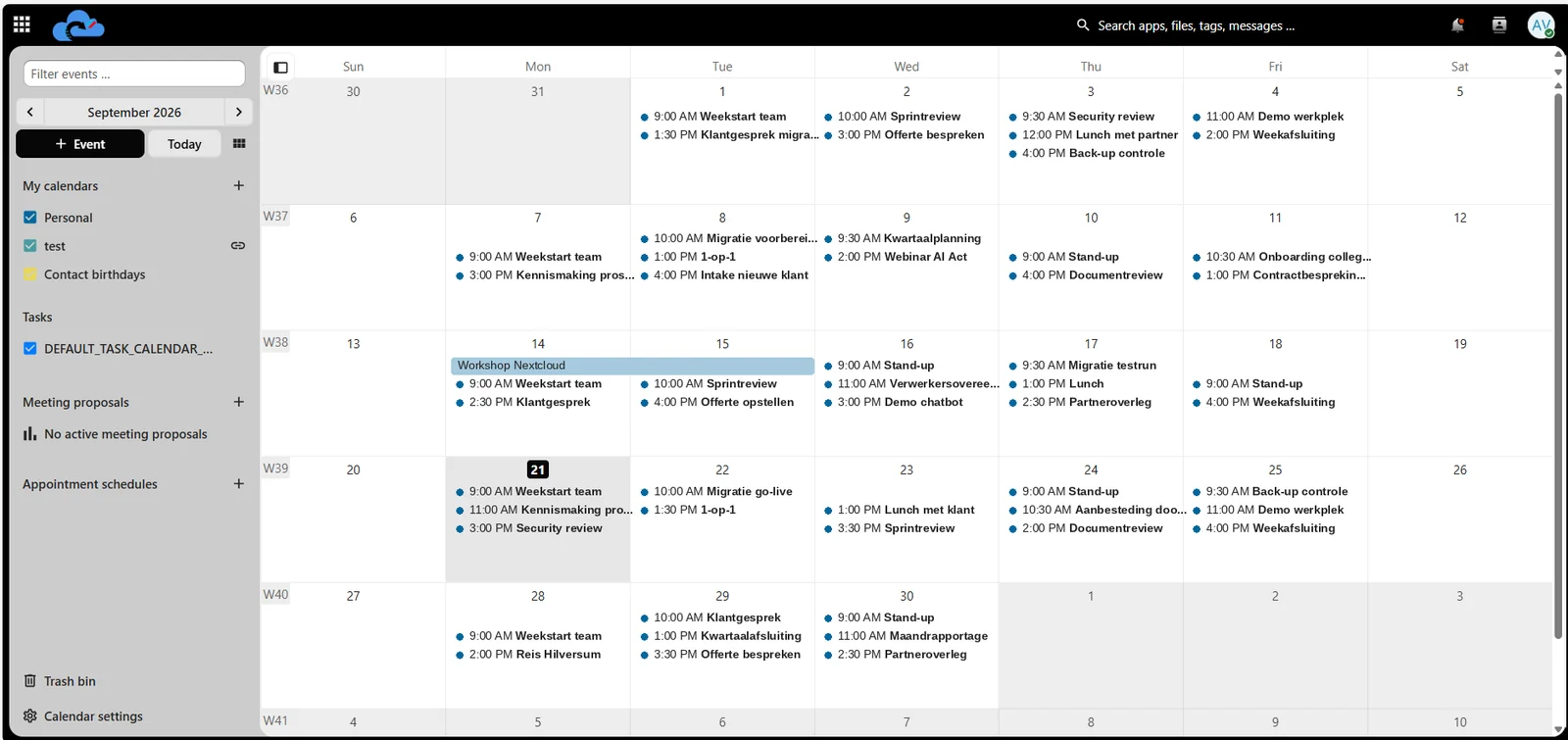 Month view of the shared team calendar in Nextcloud Calendar with appointments, stand-ups and a multi-day workshop